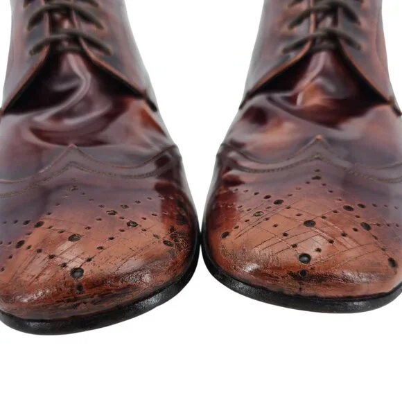 Prada Italy Mens 7.5 Distressed Brown Leather Wingtip Derby Oxfords Dress Shoes - Picture 9 of 13